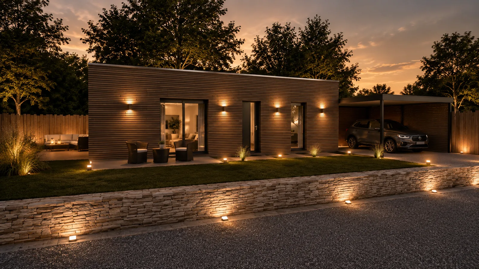 Construction de plain-pied à bardage bois et toit plat avec carport métallique attenant, derrière un muret en pierre, au crépuscule