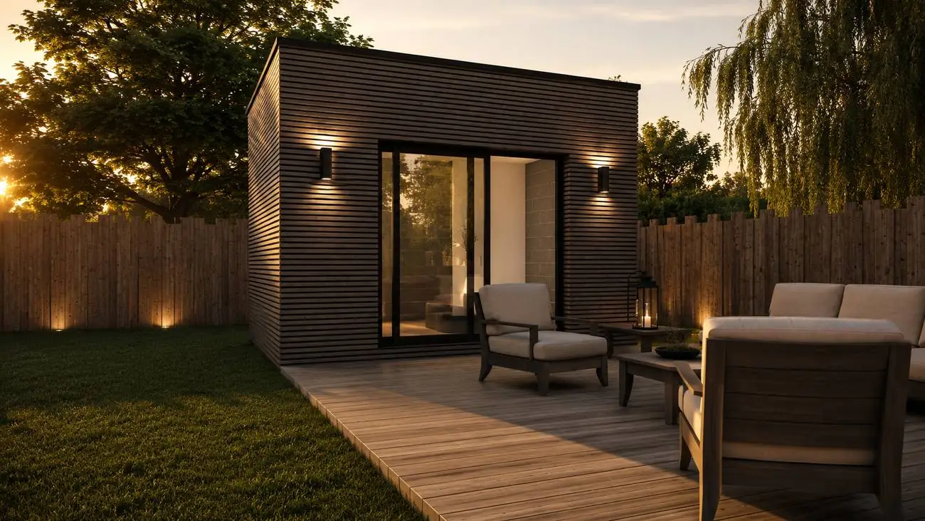 Bureau de jardin en bois, ambiance chaleureuse en fin de journée