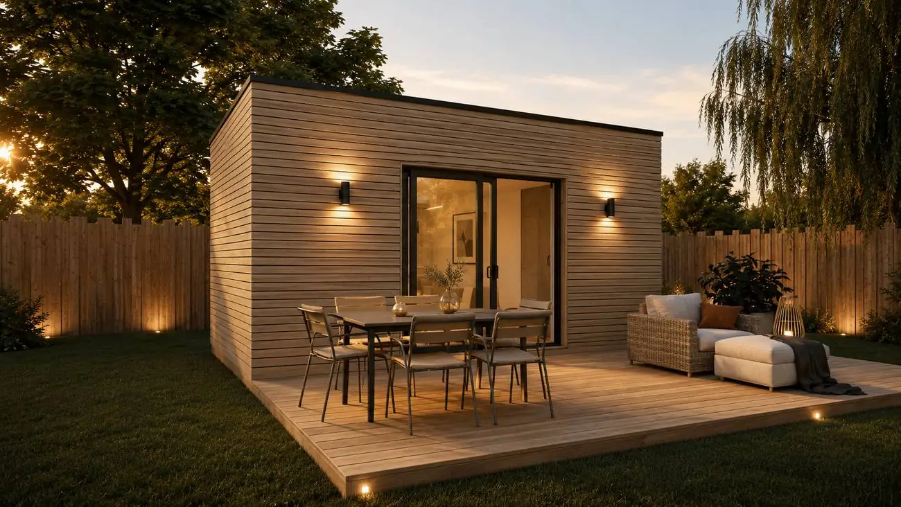 Pool house contemporain à claire-voie bois au coucher de soleil