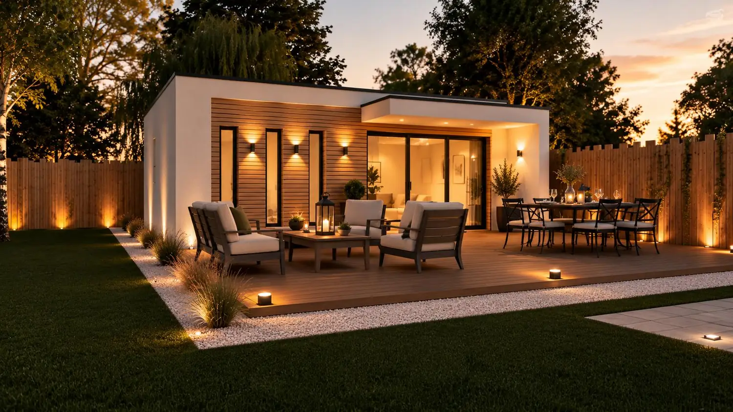 Studio de jardin en bardage bois, éclairé au crépuscule, terrasse et salon extérieur